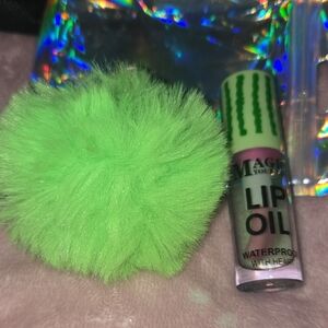 Green Fluffy Keychain and Lip Oil Set